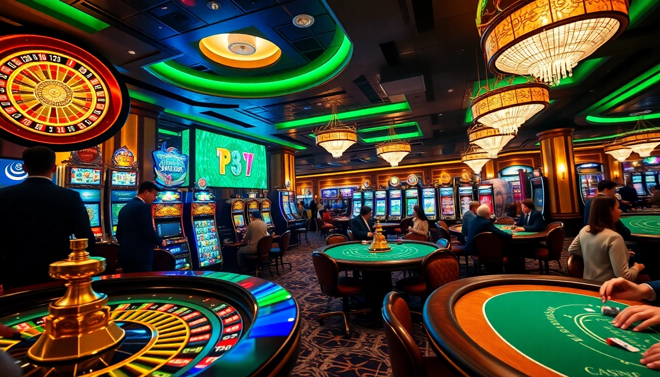 F168 players engaged in thrilling casino action at poker tables with vibrant slot machines.