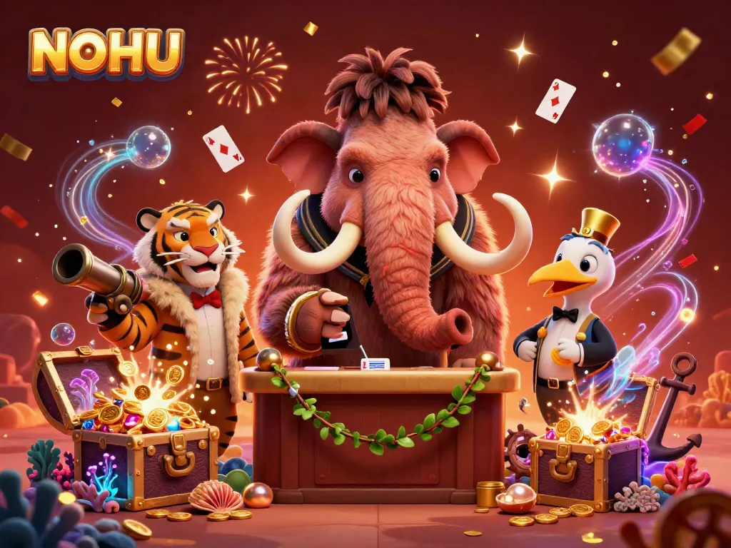 Experience thrilling gaming with NOHU's vibrant, dynamic casino illustration featuring unique characters.