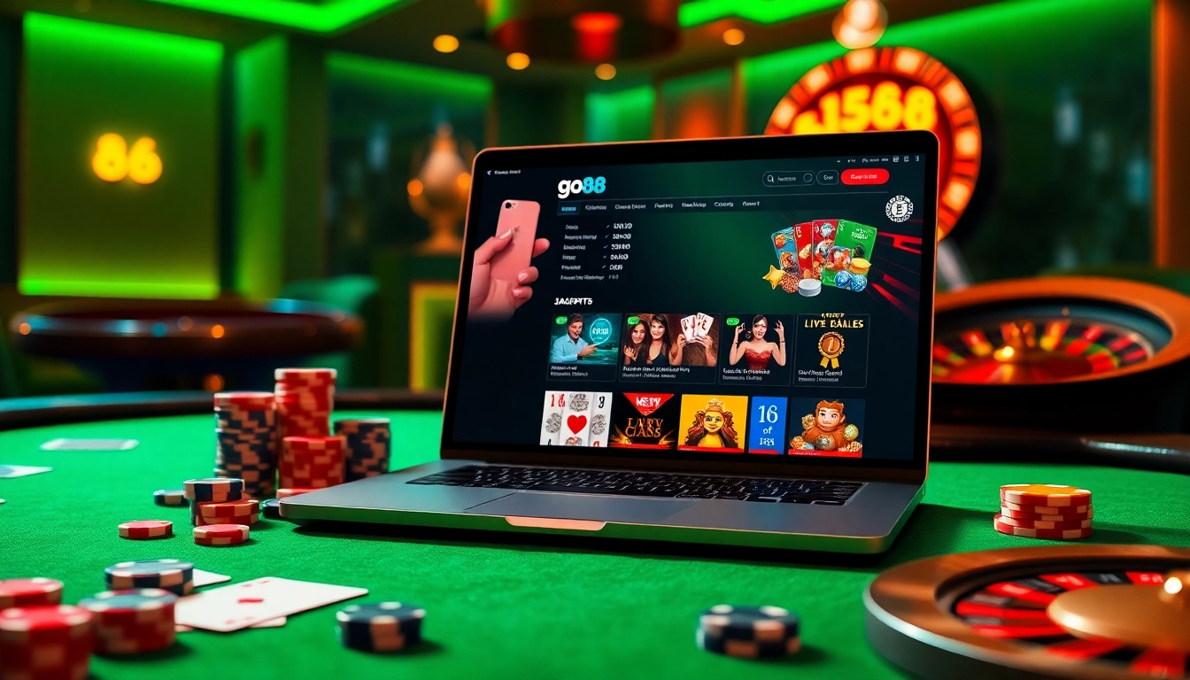 Catching the excitement of go88 with vibrant poker chips and a sleek online gaming interface.