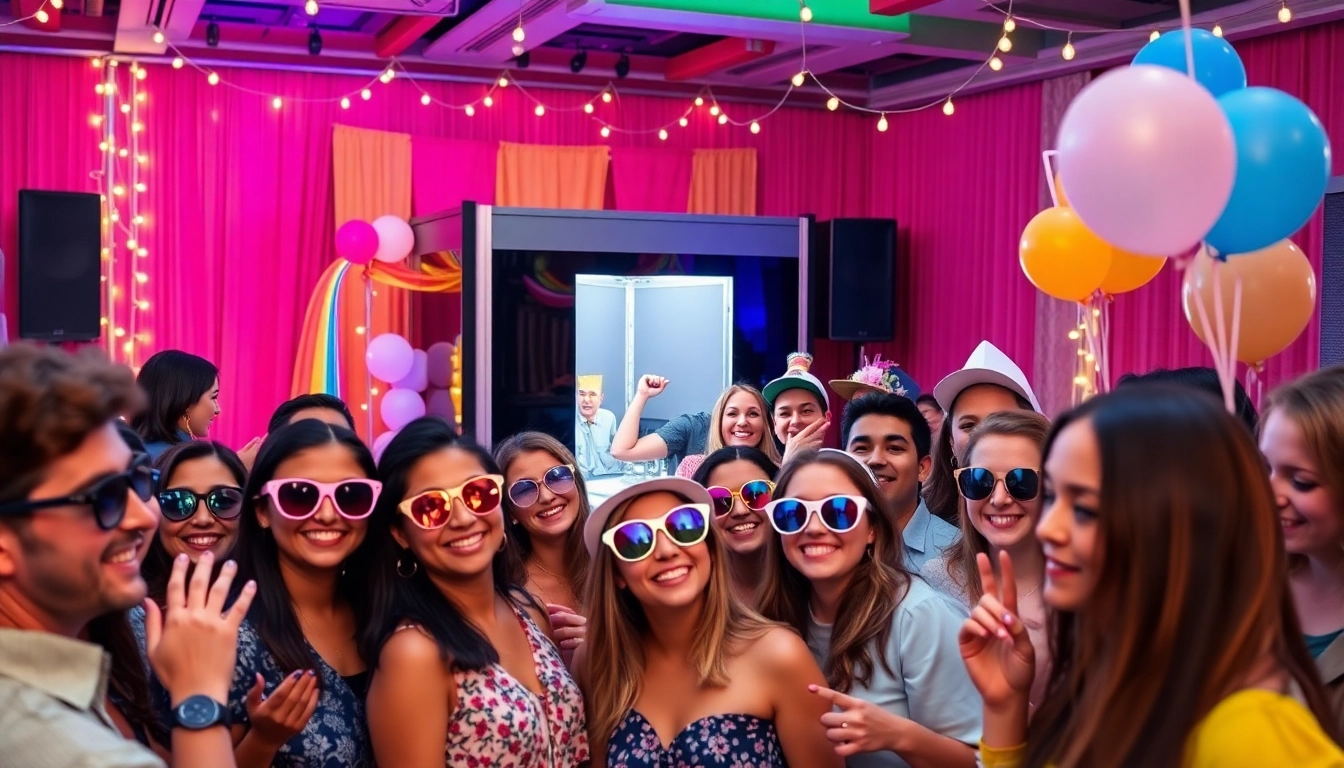 Rent a Photo Booth at a fun party with diverse guests enjoying props and a vibrant atmosphere.