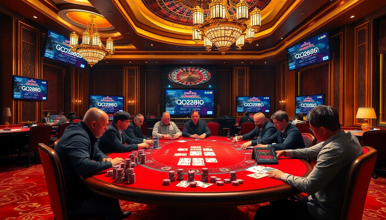Players strategizing their moves at a QQ88 poker table in a luxurious casino setting.