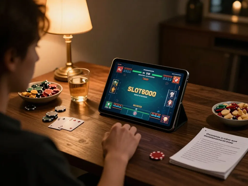 SLOT6000 online gameplay on tablet during cozy poker night with strategy notes.
