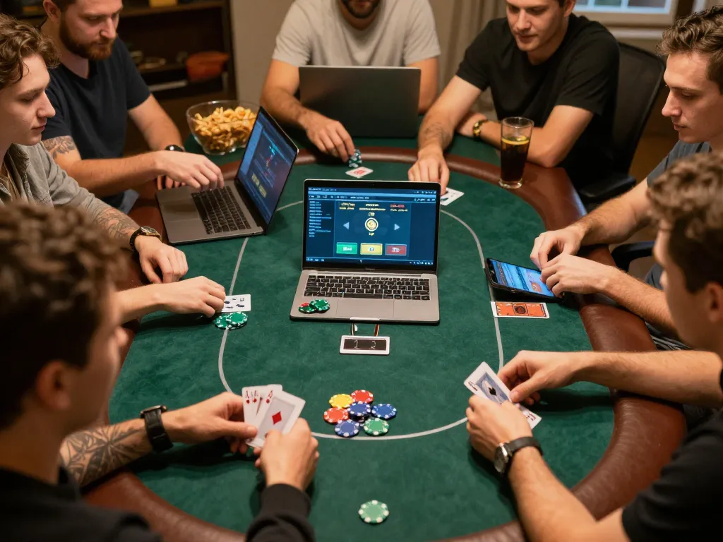 Enjoying online poker gameplay with friends while accessing s666-bm platform at home.