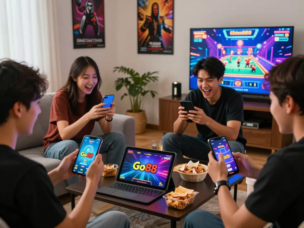 Friends enjoying Go88 online gaming experience together, showcasing excitement and competition.