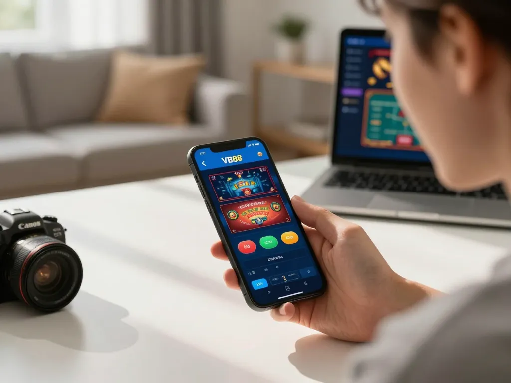 TẢI VB88 on mobile app, user intensely focused on betting gameplay, sleek modern setting.