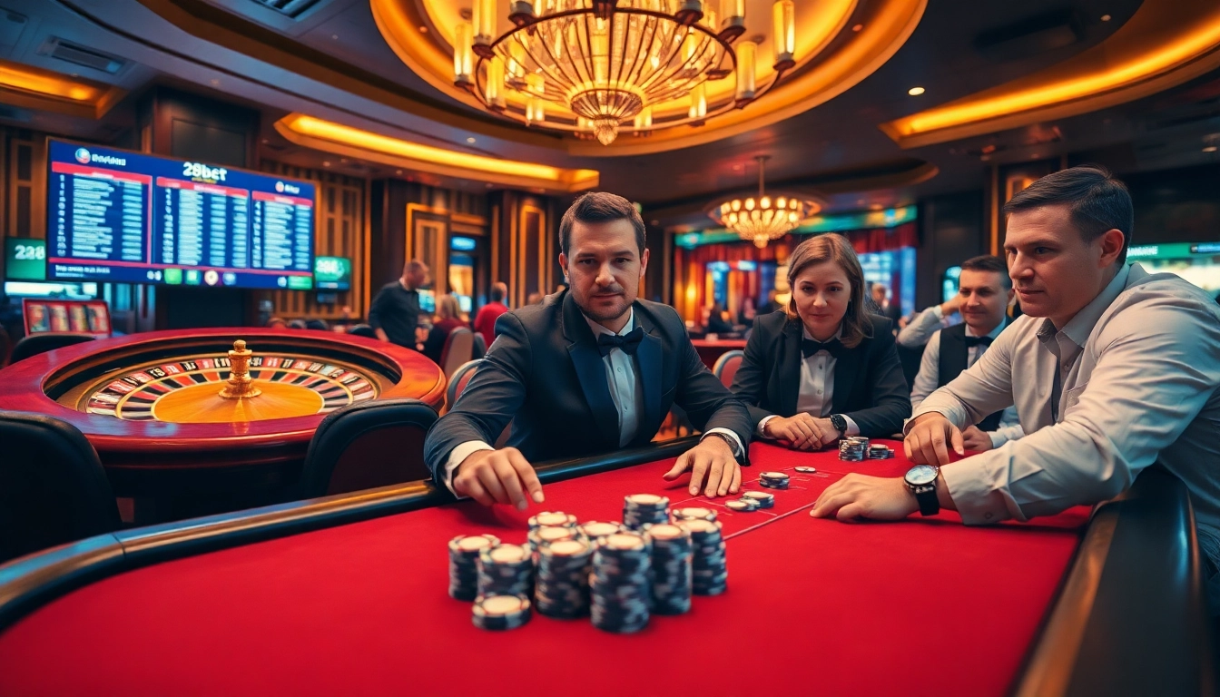 Engaged gamblers strategize their bets at 28bet's vibrant casino table, showcasing thrilling gameplay.