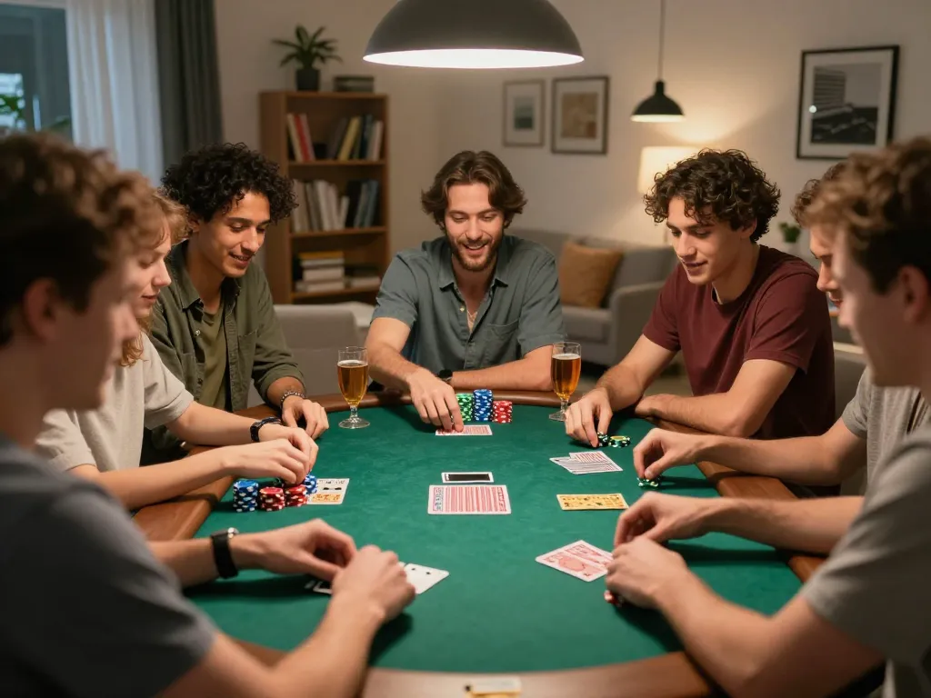 Friends playing poker at home showcasing strategies and excitement with BUKA77 elements.