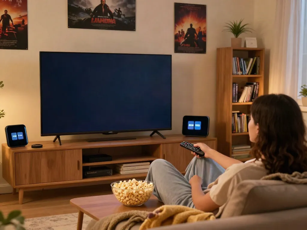 Relaxing home scene enjoying idlix official streaming service on a cozy couch with popcorn and movie posters.