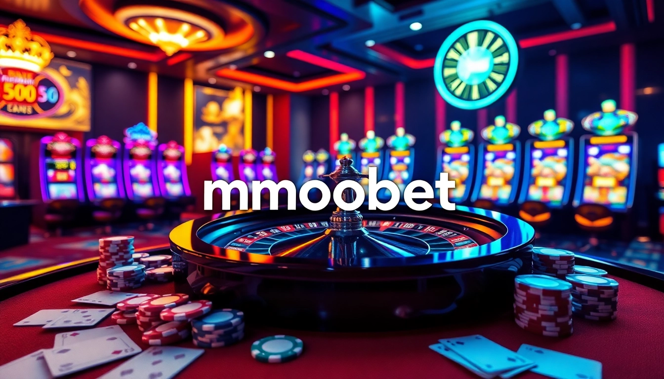 Experience the thrill of mmoobet with vibrant casino visuals featuring roulette, poker chips, and slot machines.