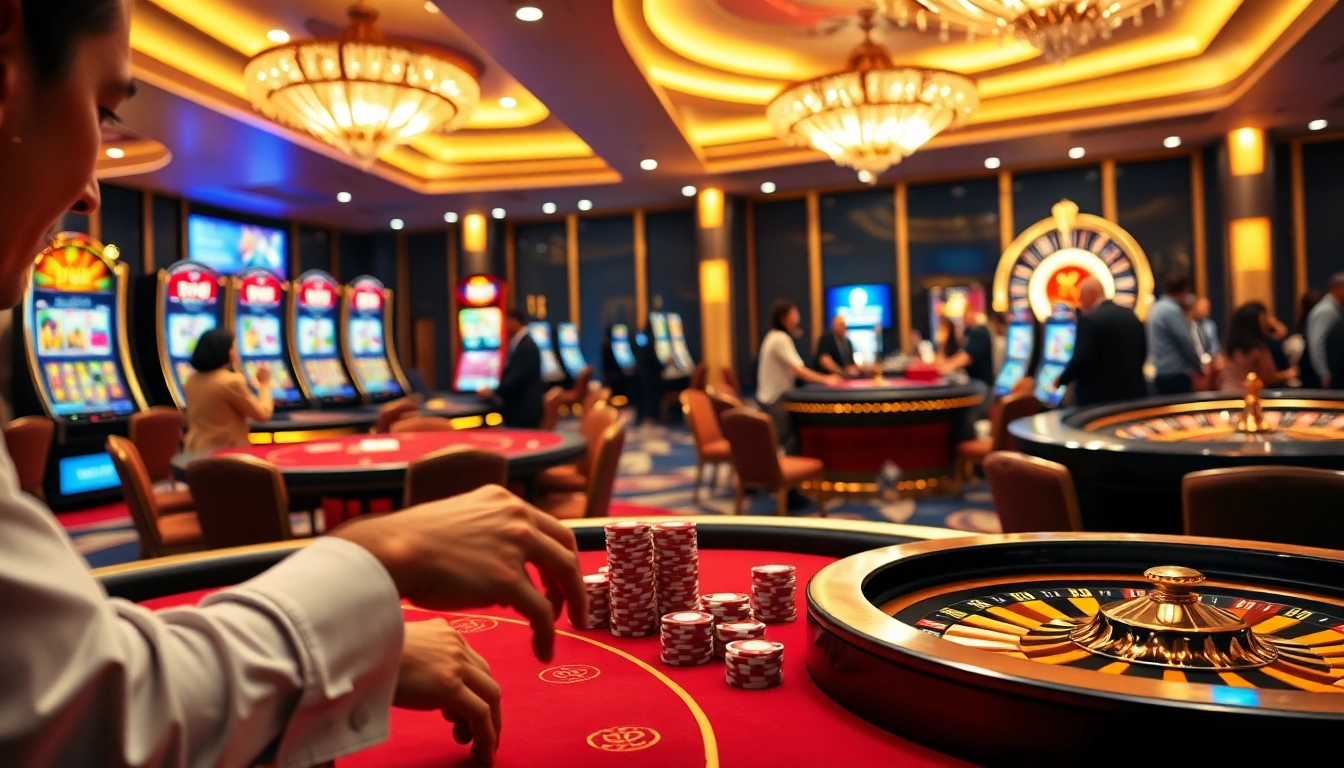 Experience the excitement of a vibrant casino environment as players engage with keonhacai5 at glamorous tables.