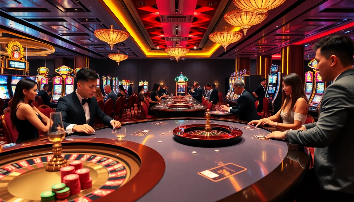 Excited gamblers playing at 33WIN casino tables with colorful chips and roulette wheels.