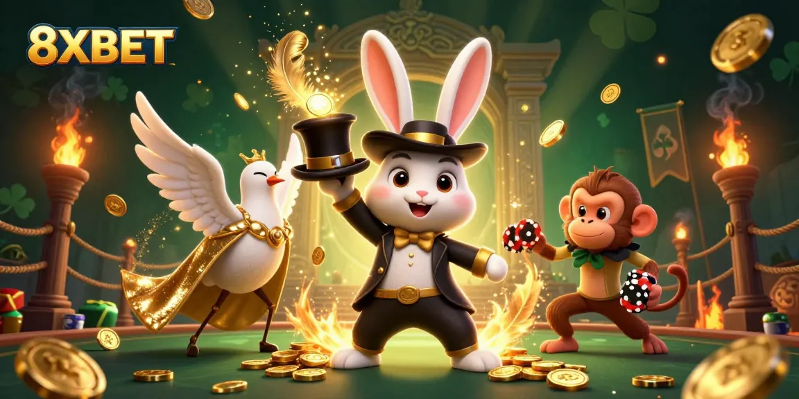 Experience thrilling wins at 8XBET as a magician rabbit conjures coins amid exciting casino elements.