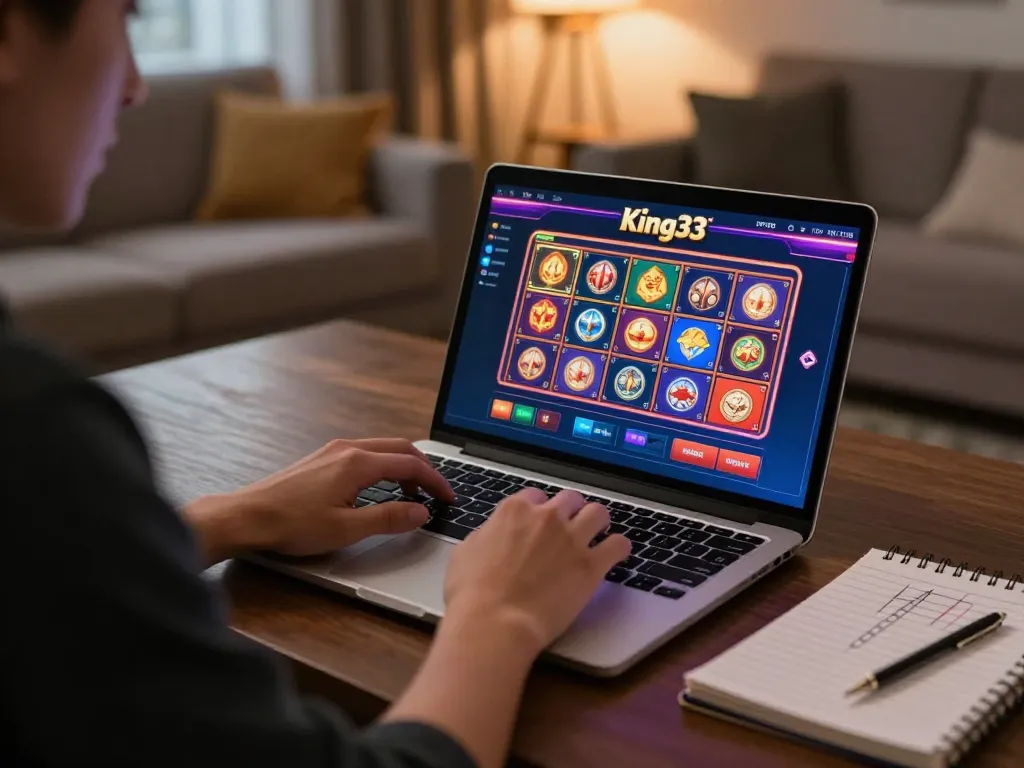 Player enjoying king33 online casino experience at home with exciting slot options displayed.