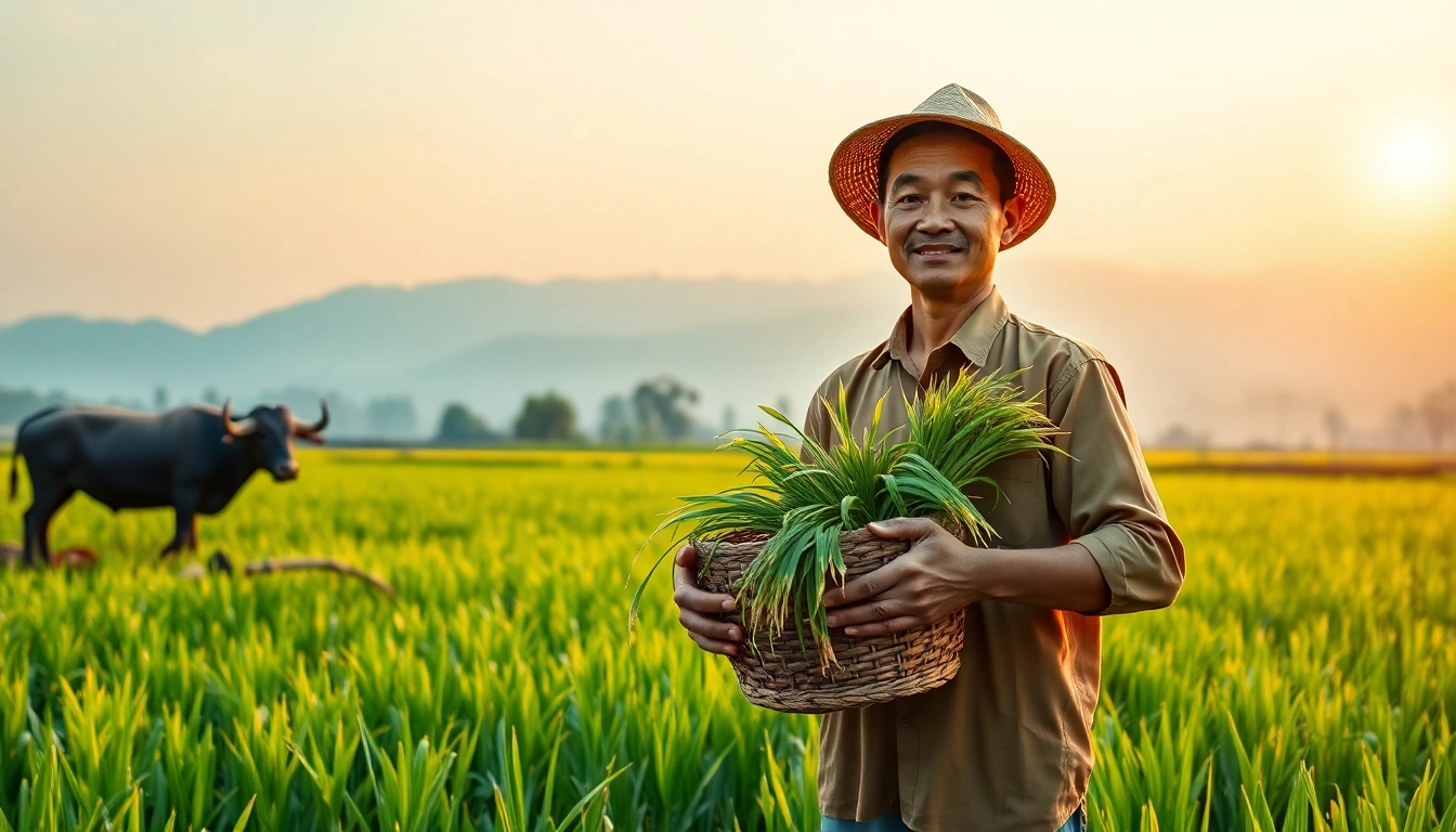 Petani toto bekerja keras di ladang padi yang subur saat matahari terbit.