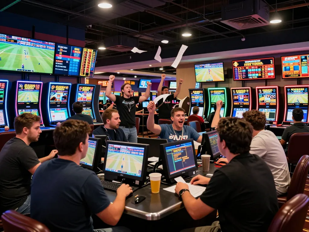 Fans placing bets and cheering for teams at a dynamic sports betting area in a casino, highlighting eu enthusiasm and excitement.