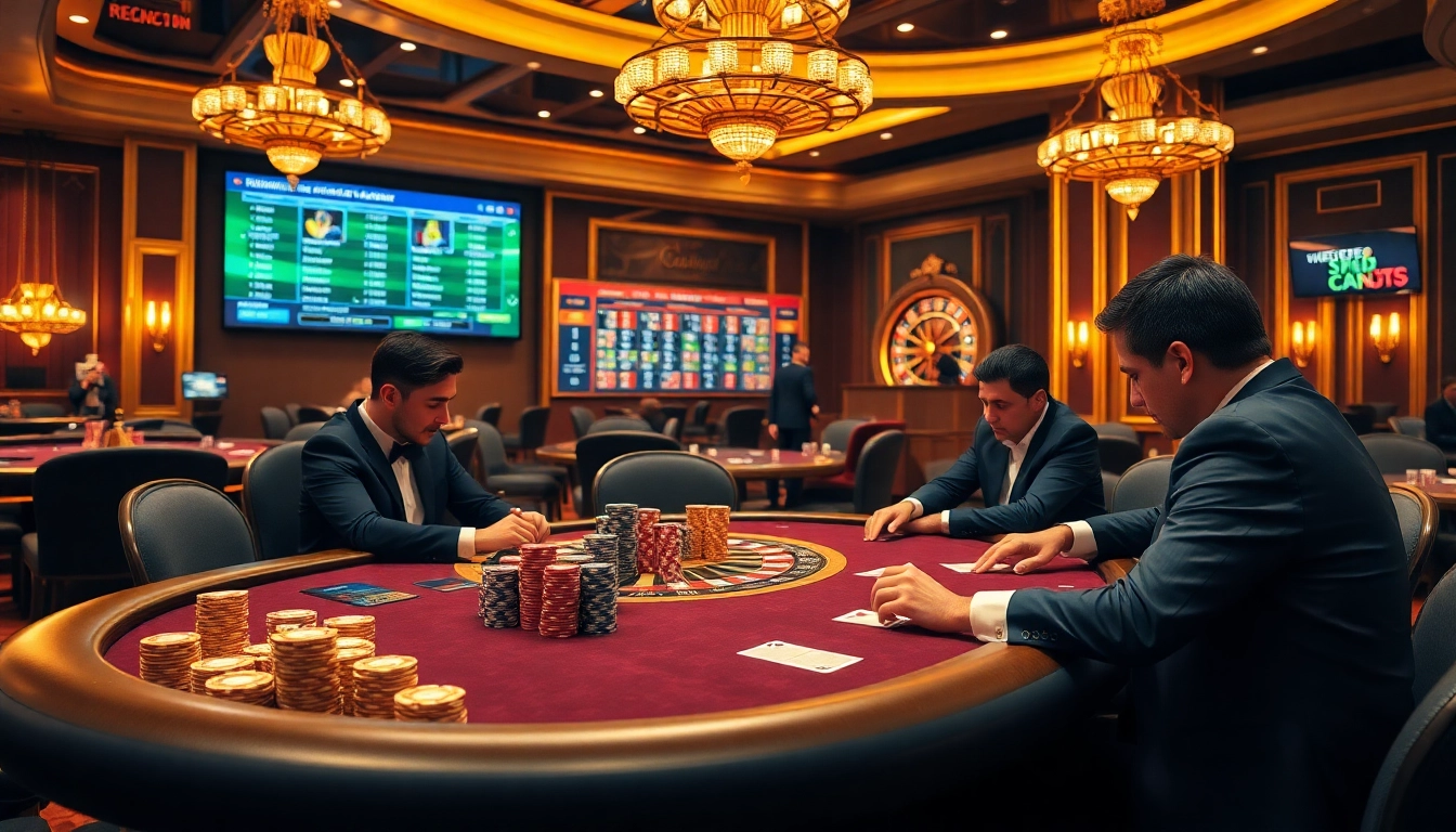 Ressentez l'excitation des casinos en ligne avec des joueurs élaborant des stratégies autour d'une table de poker à enjeux élevés.