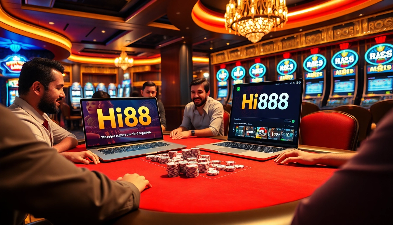 High-stakes poker action at Hi88 casino featuring luxurious ambiance and vibrant game elements.