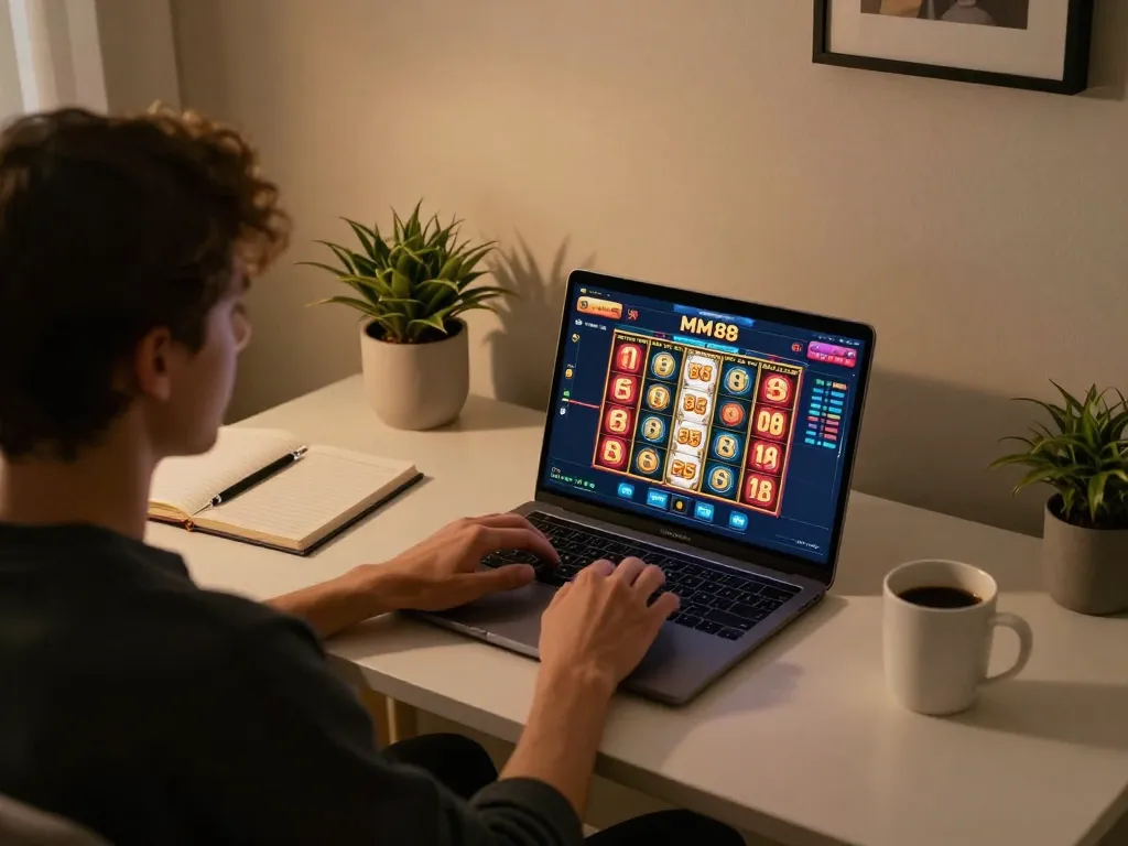 Player engaging in MM 88 online slots, showcasing a modern and inviting home gaming setup
