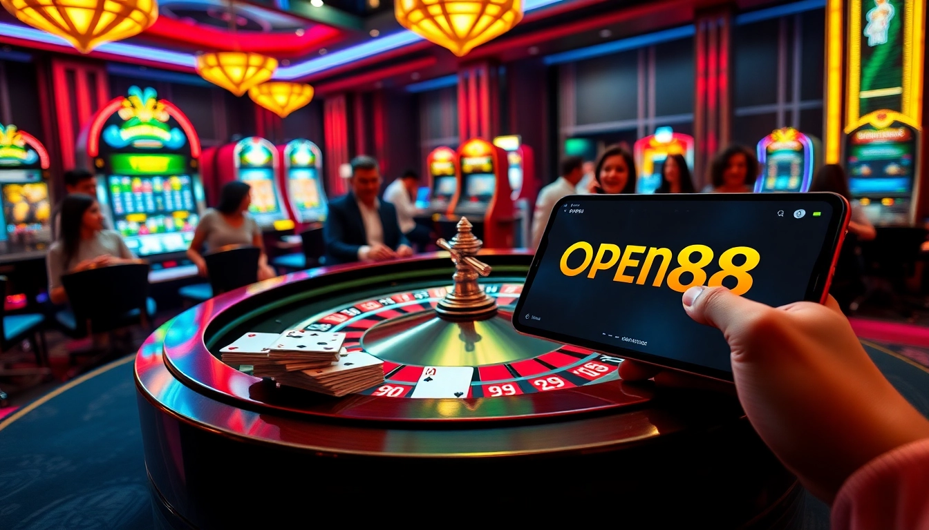 Exciting casino scene with OPEN88 theme, showcasing vibrant roulette table and colorful poker chips.