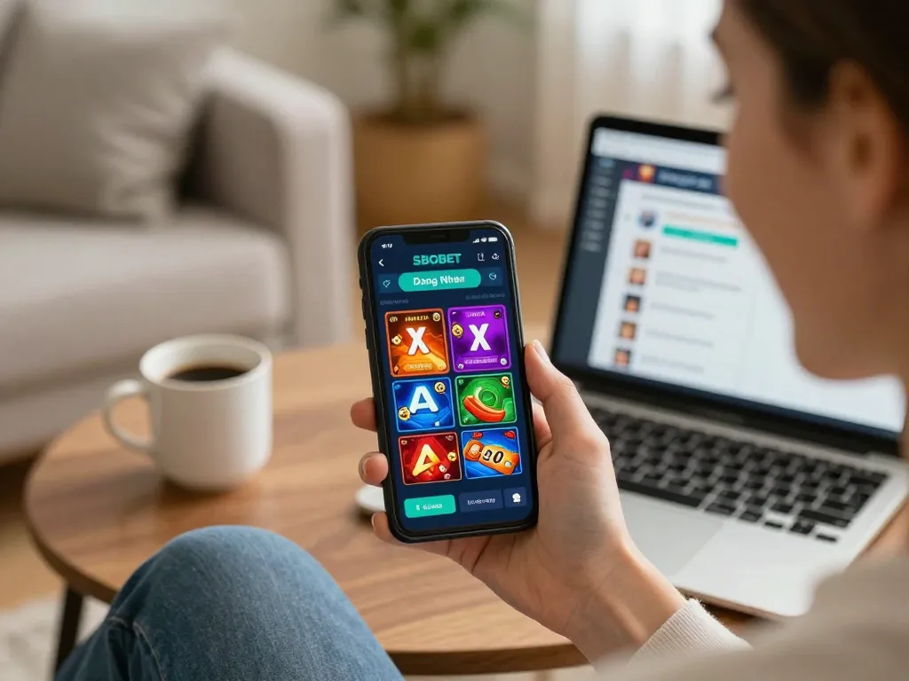 SBOBET Đăng Nhập via smartphone showing vibrant gambling app interface in a cozy home