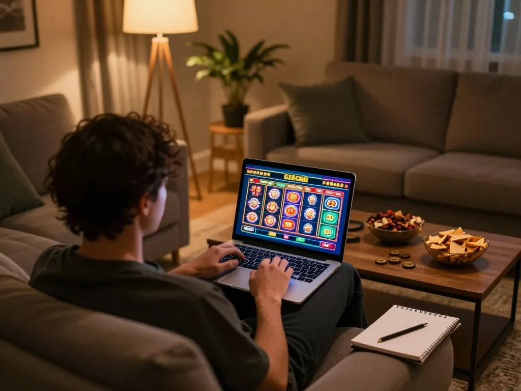 Engaging in G28 COM online casino gaming with laptop showing vibrant games.