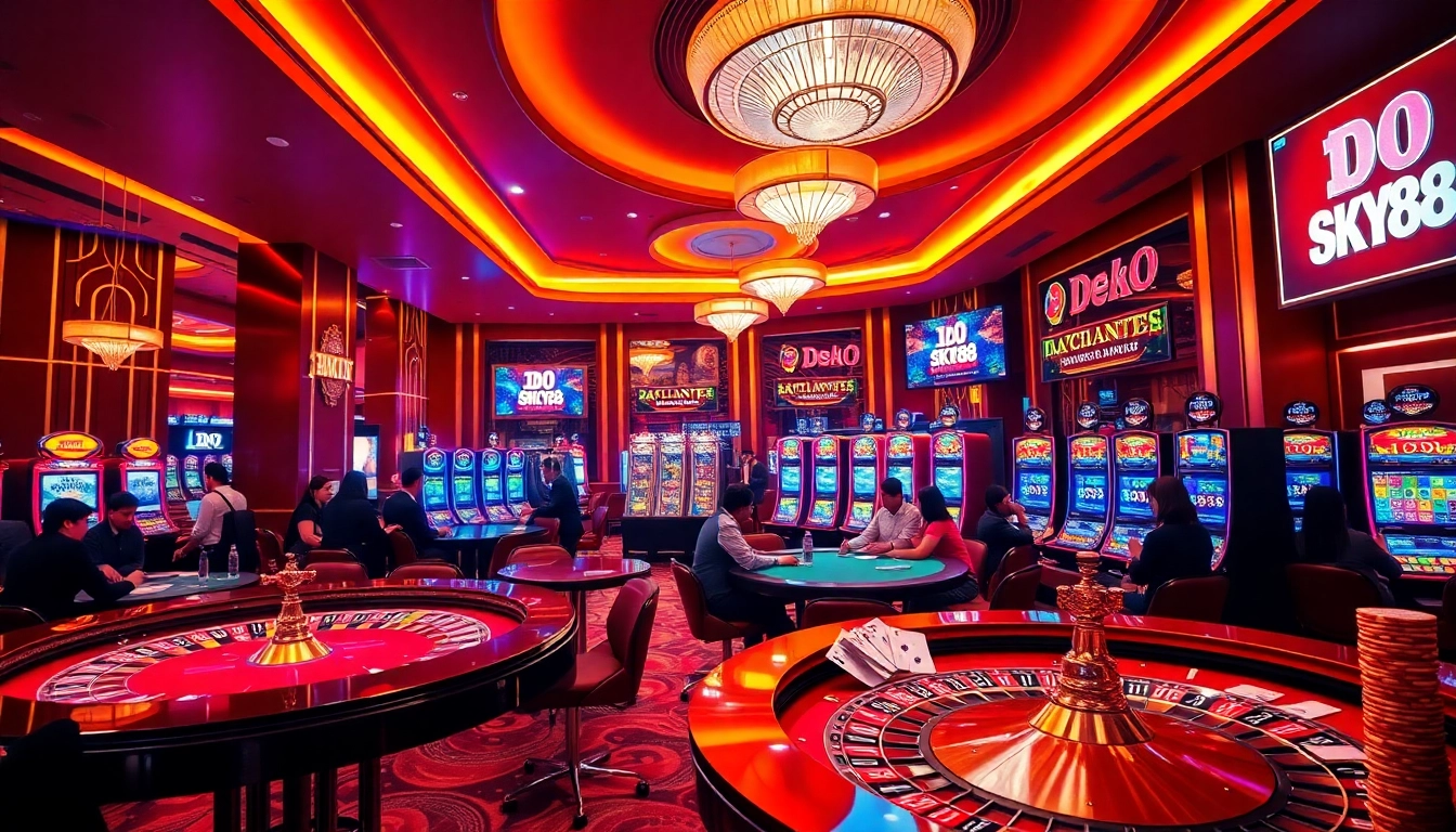 Experience the excitement of SKY88 with players engaged at vibrant casino tables and slot machines.