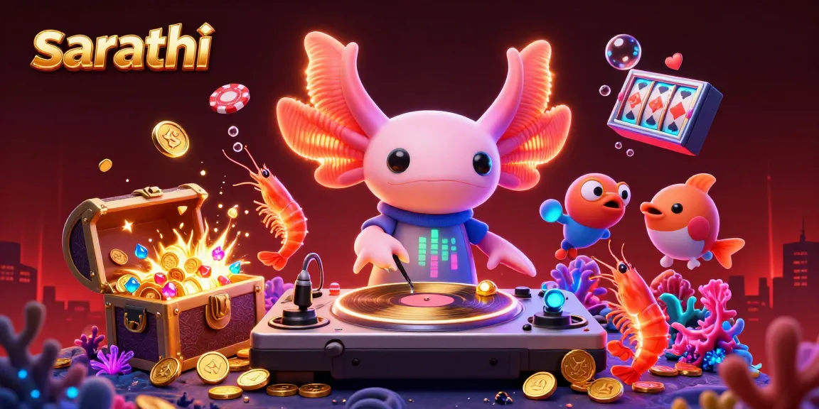 Sarathi offers a vibrant underwater casino scene featuring a DJ axolotl with glowing animals and gambling elements.