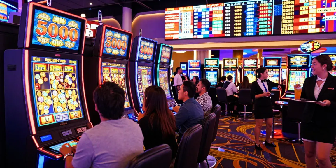 High-energy casino scene featuring the slot 5000 game with players excitedly watching coins cascade.
