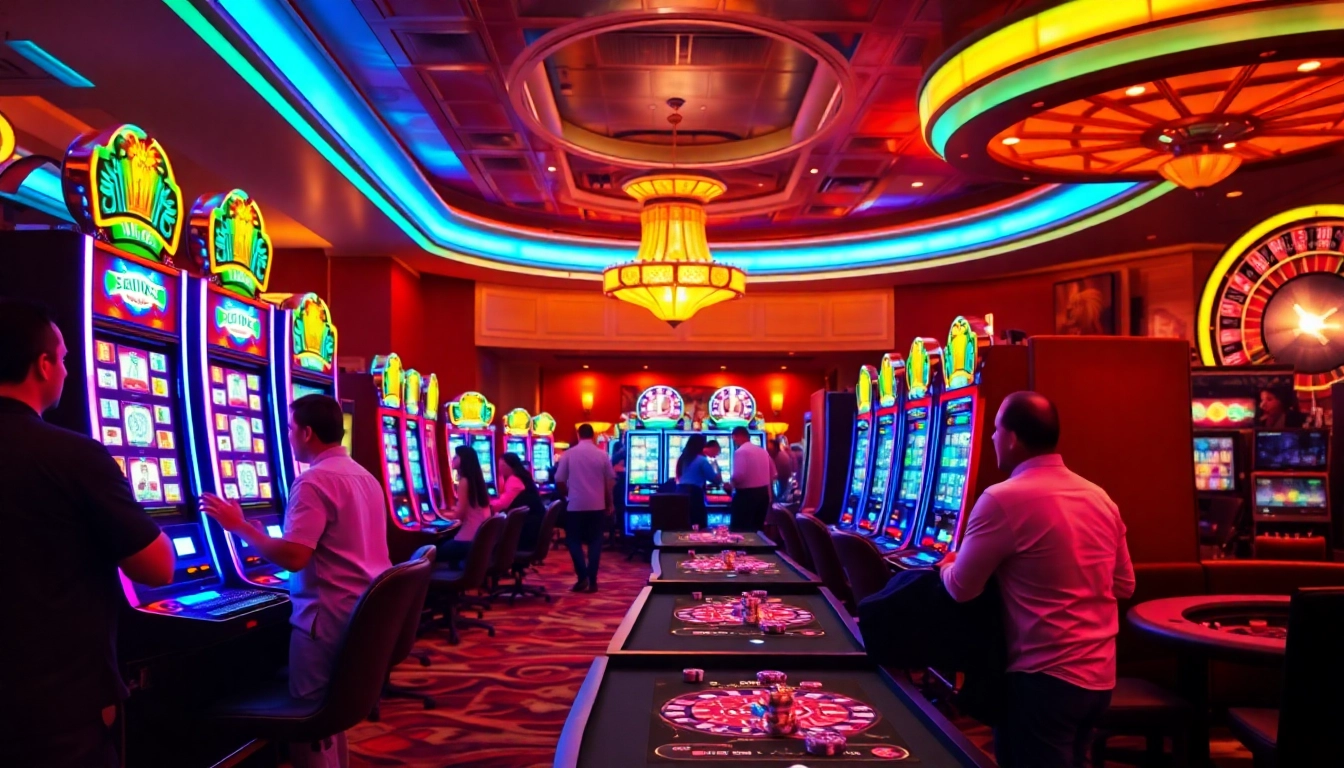 Engaging players enjoying exciting SLOT machines in a vibrant casino atmosphere.