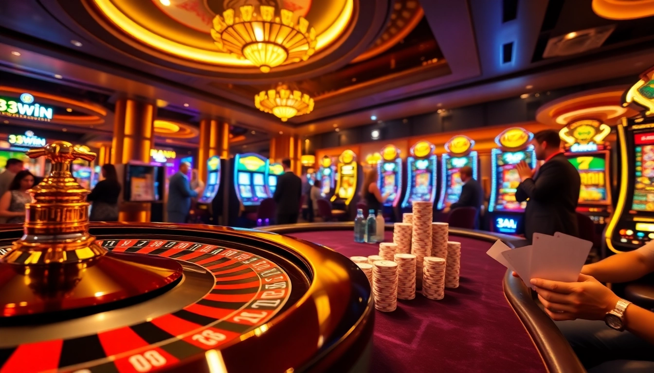 Players enjoying their experience at 33WIN's vibrant online casino with slot machines and roulette.