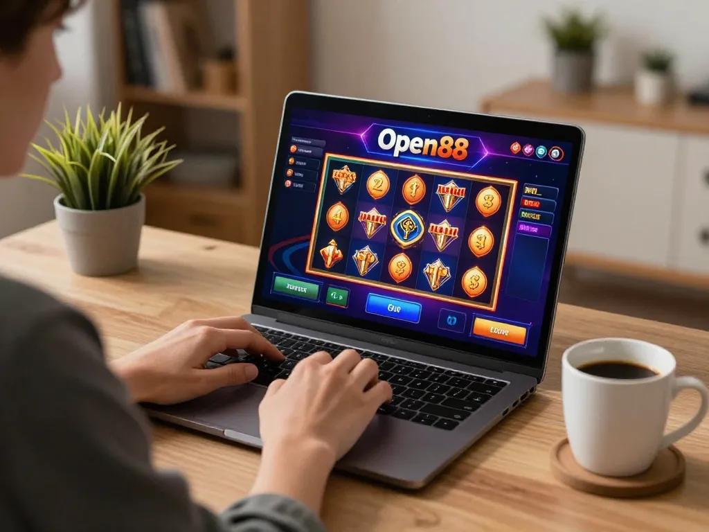 Engaging in online gaming at Open88 with a laptop at home, showcasing exciting slot game interface.
