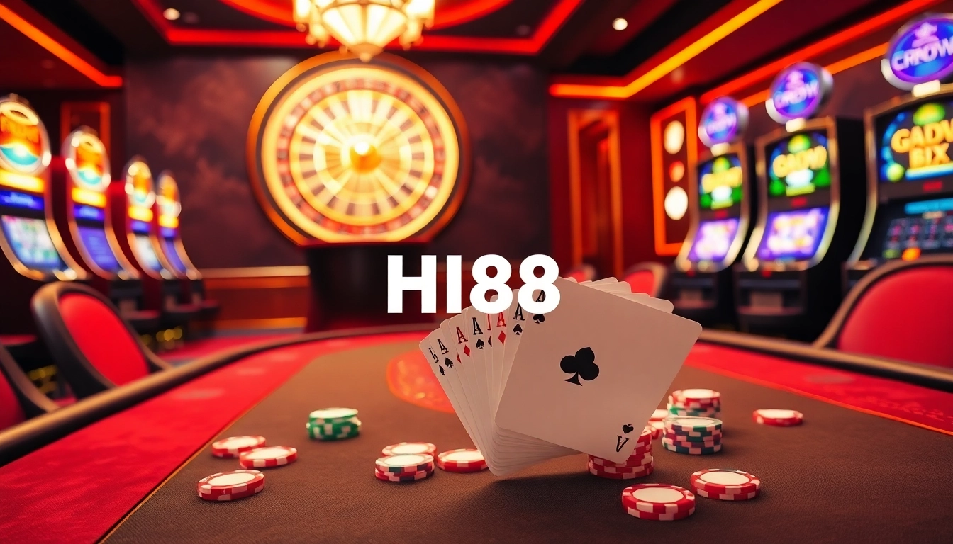 Experience excitement with Hi88 at a luxurious casino featuring poker tables and roulette wheels.