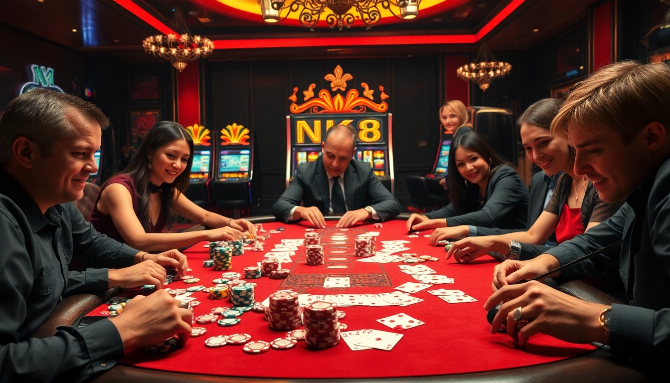 Engage in exciting NK88 casino gameplay around a luxurious poker table filled with vibrant chips and cards.