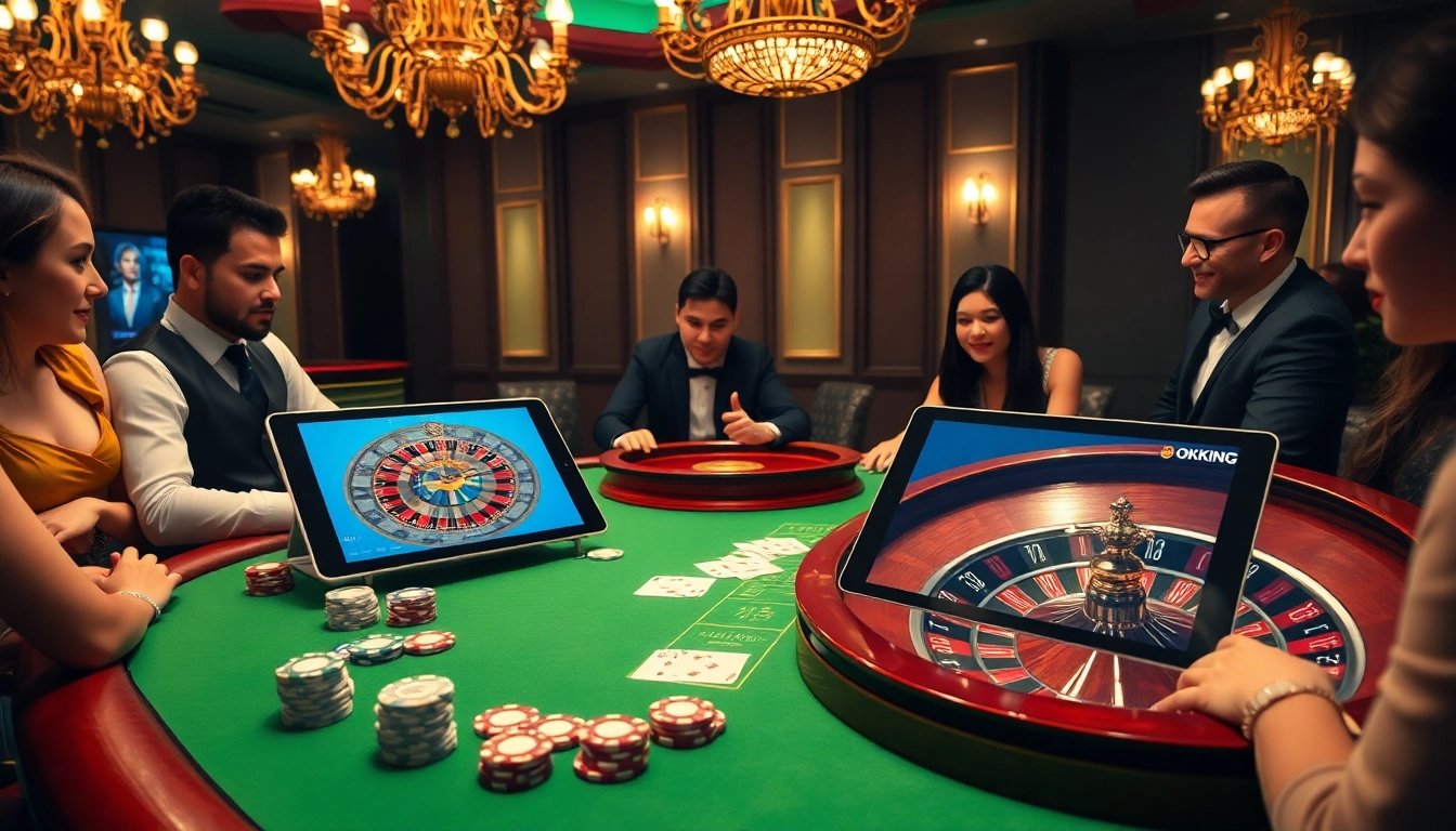 Players enjoy a thrilling game at an OKKING casino table, surrounded by vibrant poker chips and elegant cards.