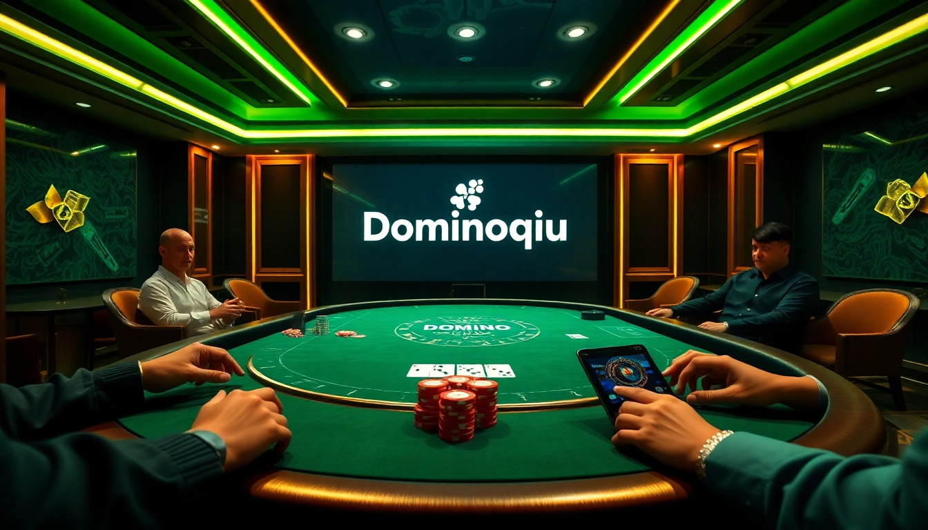 Engage in high-stakes gaming at Dominoqiu with a luxurious poker table and digital interface.