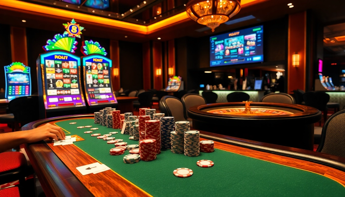 Players enjoying a thrilling game of poker at the 98win casino, surrounded by vibrant gambling elements.