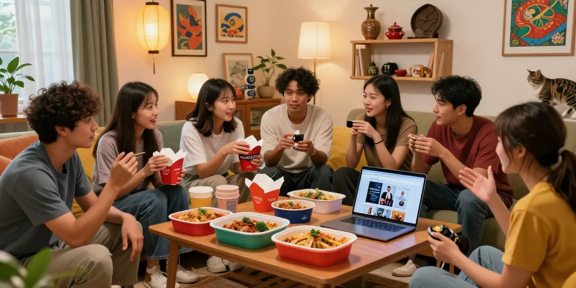 Friends discussing Asian culture while enjoying Asian dishes, inspired by https://hanadultalk.com, in a vibrant living room.