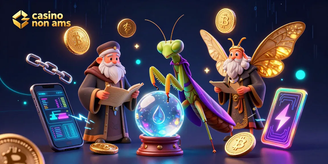 Gioca nei migliori casinò non AAMS, interazione allegra tra personaggi caricaturali e simboli criptovalutari.