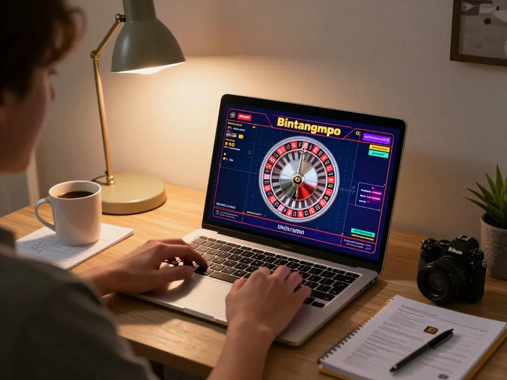 Pemain Bintangmpo terlibat dalam strategi roulette online di rumah dengan laptop dan catatan.