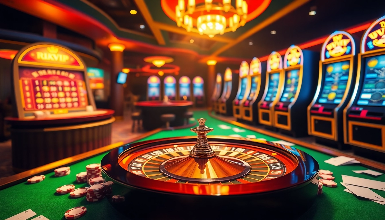 Engaging casino scene with vibrant poker chips and roulette wheel, highlighting rikvip.