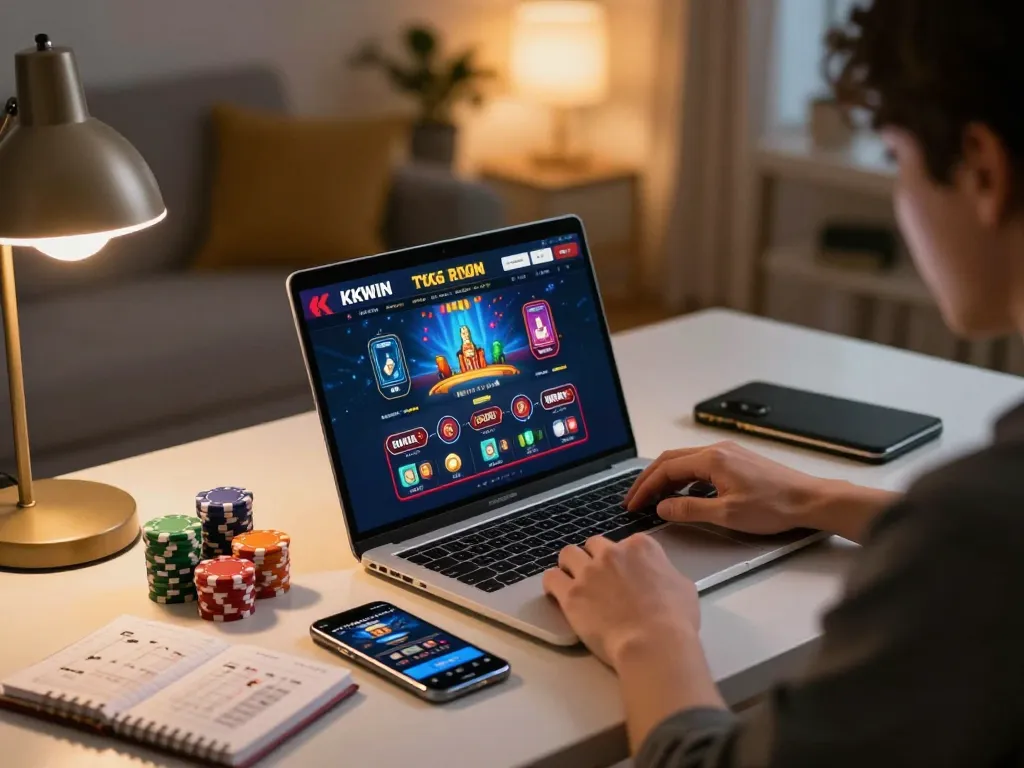 Join the excitement at KKWIN as players engage in online gambling with strategic focus and colorful chips.