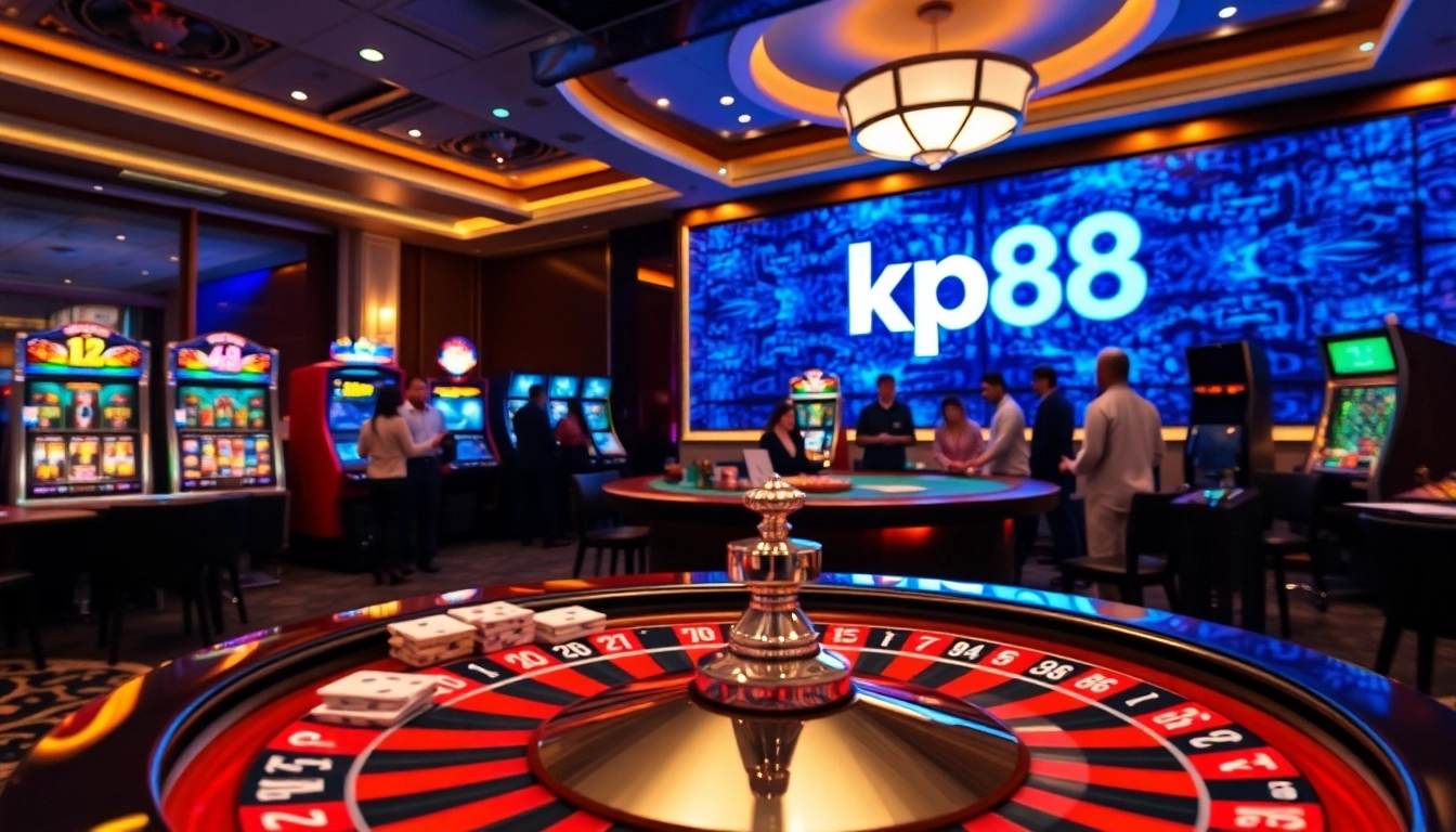 Engaging players experience kp88 excitement at a luxurious casino table with vibrant colors.