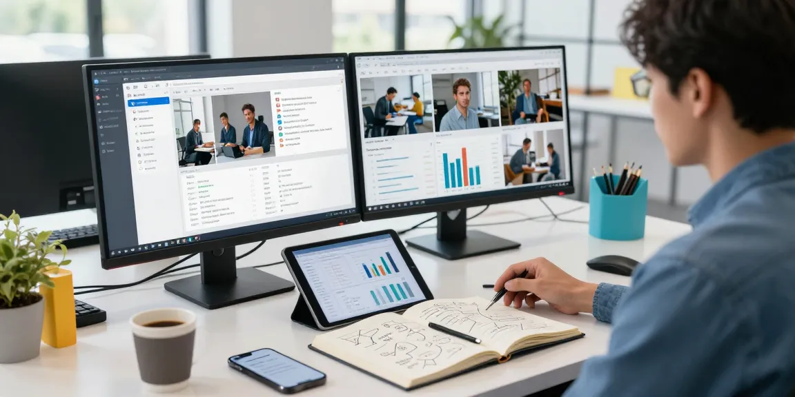 AI image checker analysis in a modern tech workspace, showcasing detailed results and vibrant devices.