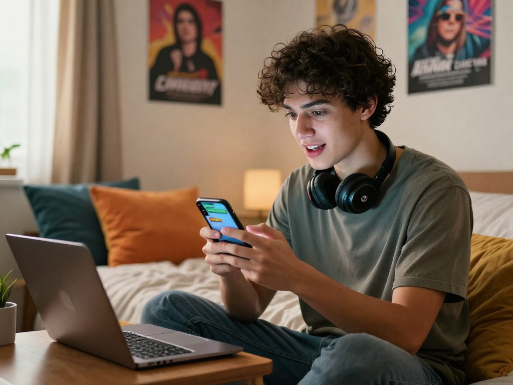 User engaging with an nsfw chat bot in a cozy bedroom setting, reflecting modern digital interactions.