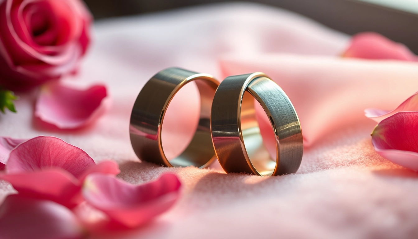 Tungsten wedding bands showcase their metallic allure atop a plush velvet backdrop with rose petals.