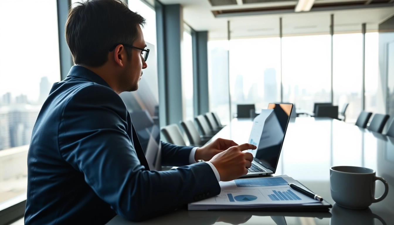 Illustration of Bid-No-Bid Analysis with a consultant reviewing data in a modern office.