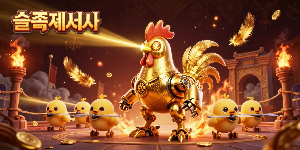 슬롯사이트에서 화려한 슬롯 머신 게임을 즐기는 로봇과 아기 병아리 드론들의 환상적인 장면입니다.