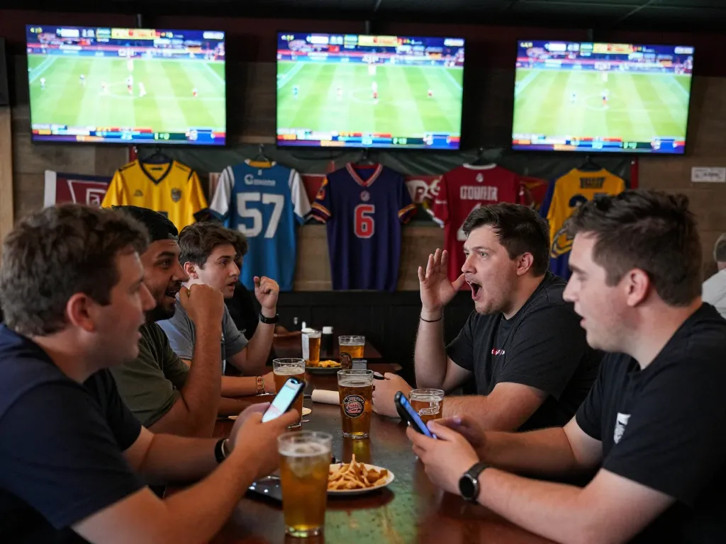 NHÀ CÁI DABET highlights live sports betting excitement with fans cheering and placing bets on smartphones.