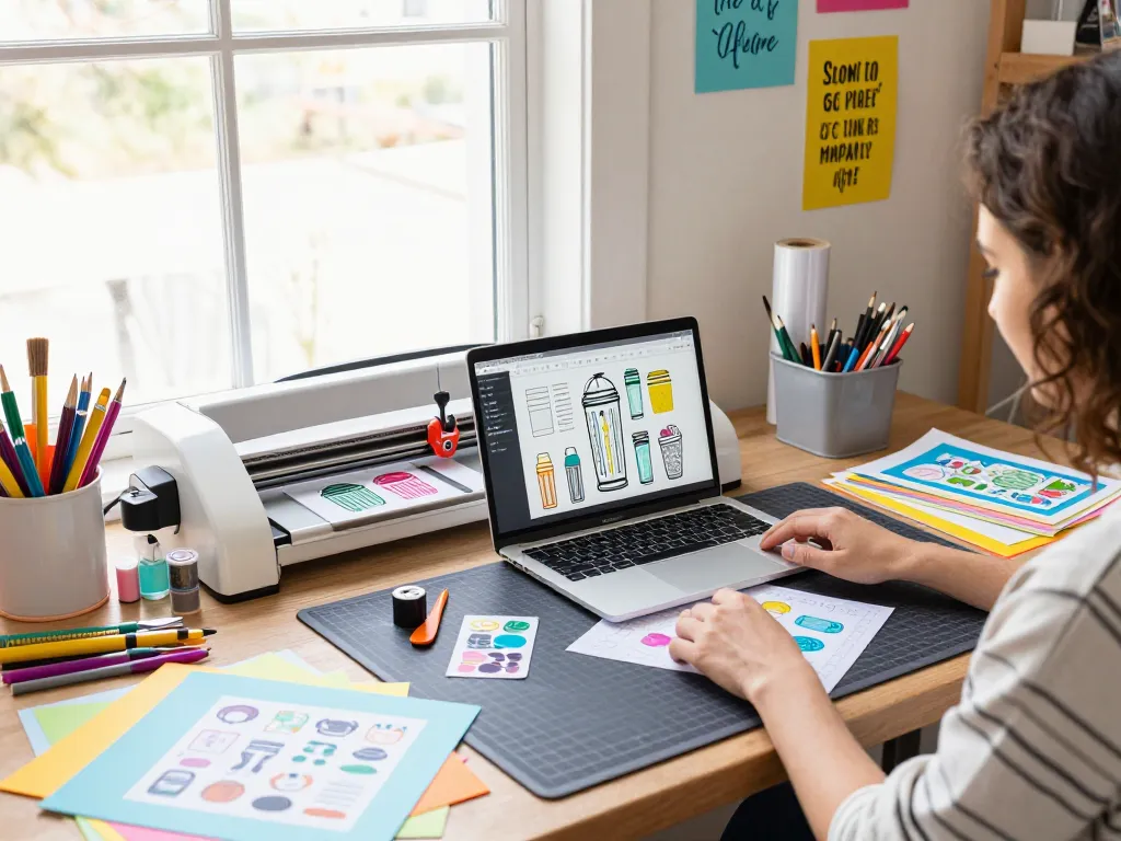 Designer creating tumbler SVG files in a vibrant crafting workspace.