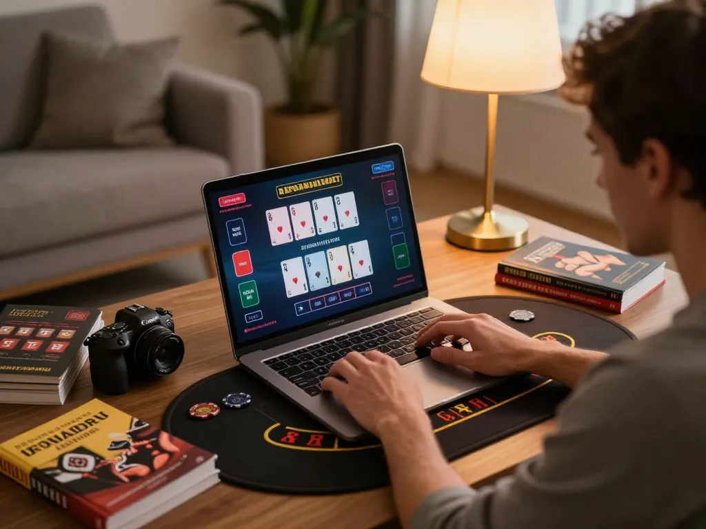3 Win online casino gaming session on laptop with live dealer blackjack, emphasizing strategy.